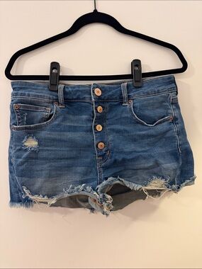 American Eagle Outfitters Distressed Mid-Blue Button-Front Denim Shorts